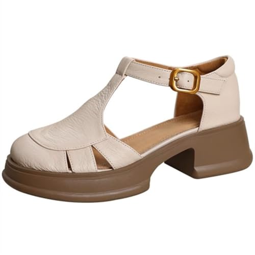 Sommer-Plateau-Sandalen for Damen, Vintage, ausgehöhlte runde Zehenpartie, T-Riemen, Dicker Absatz, weiche Sohle, Keilsandalen, verstellbare Schnalle, Gummisohle(Beige,36 EU) von MTNBHH