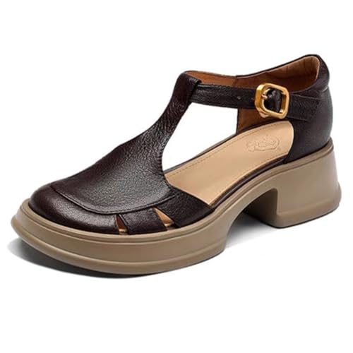 Sommer-Plateau-Sandalen for Damen, Vintage, ausgehöhlte runde Zehenpartie, T-Riemen, Dicker Absatz, weiche Sohle, Keilsandalen, verstellbare Schnalle, Gummisohle(Brown,39 EU) von MTNBHH