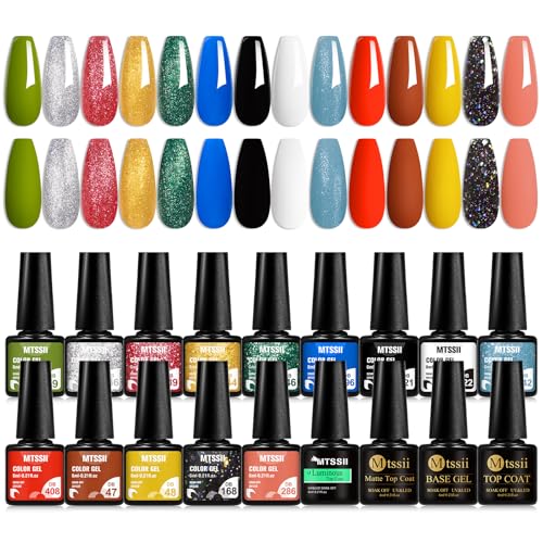 MTSSII 18 Stück Nagellack Set Reflektierende Glitter Gel Nagellack Set Gelb Grün Blau Fall Kit mit Funktionellem Gel Soak Off Uv Nail Kit DIY Maniküre Geschenke für Frauen von MTSSII