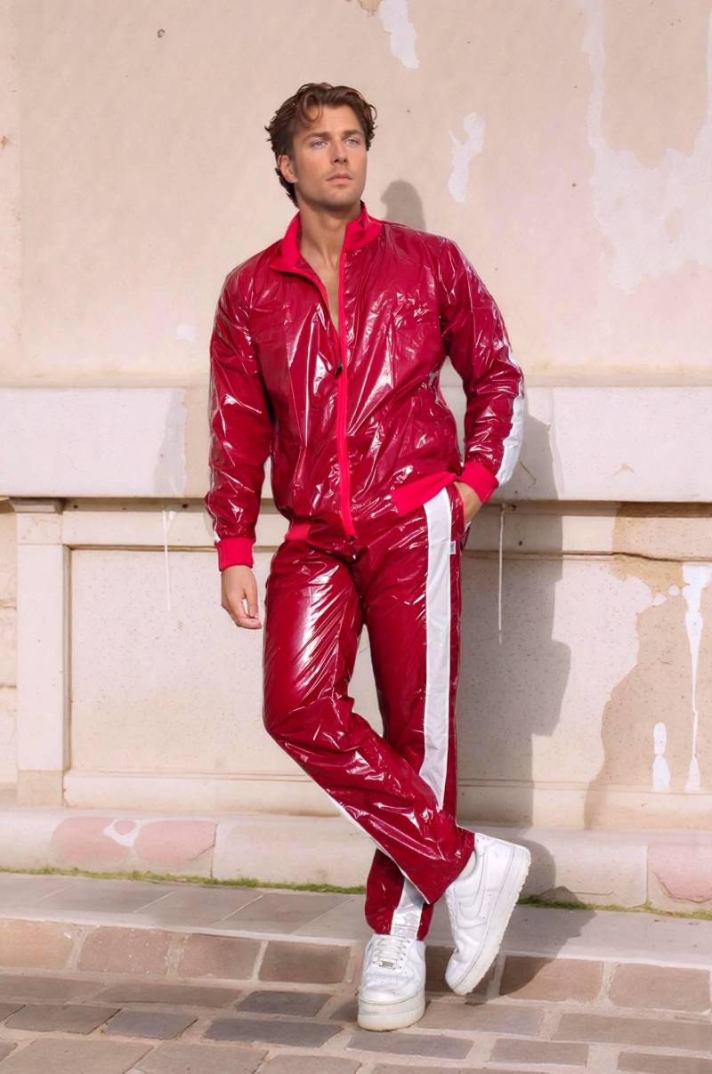 Pu Nylon Track Set - Glossy Red & White Striped Athletic Suit For Men & Women von MTSWear
