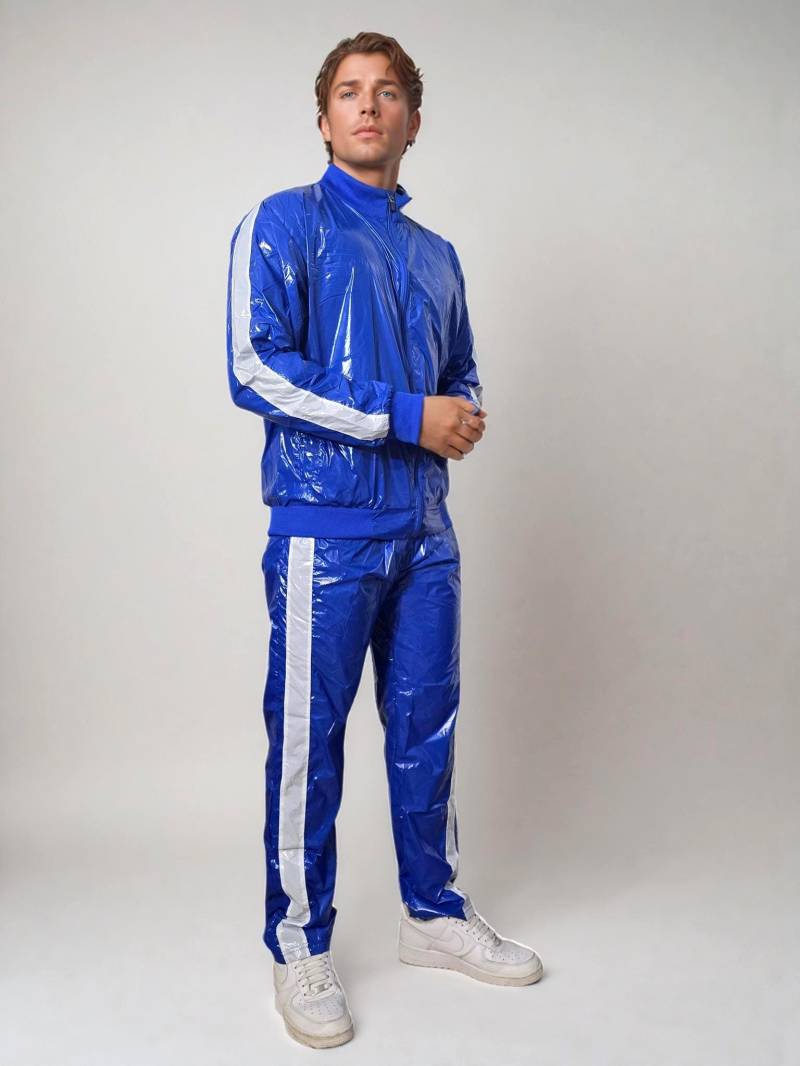 Pu Nylon Track Set - Glossy Royal Blue & White Striped Athletic Suit For Men & Women von MTSWear