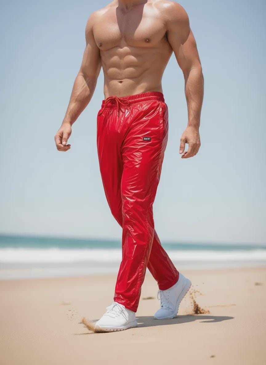 Shiny Red Pu Nylon Joggers - Glossy Track Pants With Breathable Mesh Inner Lining & Sleek Zipper Details Shiny Red Pu Nylon Joggers - Glossy Track Pants With Breathable Mesh Inner Lining & Sleek Zipper Details von MTSWear