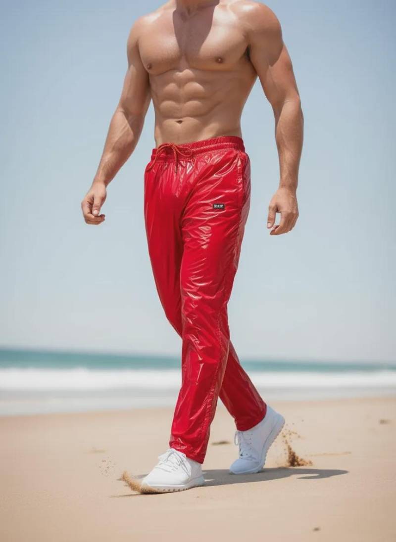 Shiny Red Pu Nylon Joggers - Glossy Track Pants With Breathable Mesh Inner Lining & Sleek Zipper Details Shiny Red Pu Nylon Joggers - Glossy Track Pants With Breathable Mesh Inner Lining & Sleek Zipper Details von MTSWear
