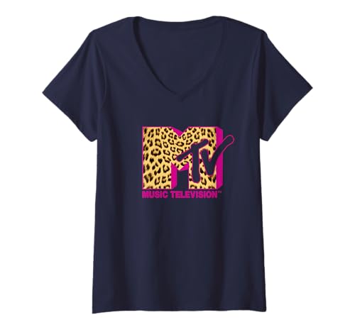 Damen MTV Logo Leopard Print T-Shirt mit V-Ausschnitt von MTV