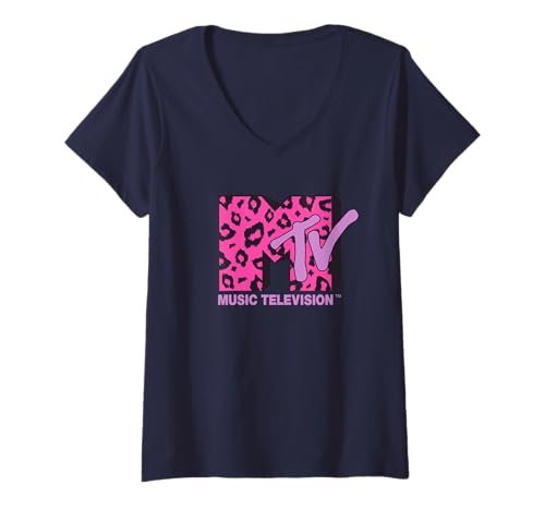 Damen MTV Logo Pink Leopard Print T-Shirt mit V-Ausschnitt von MTV