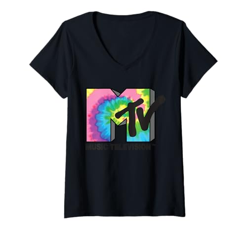 Damen MTV Logo Rainbow Batik-Design T-Shirt mit V-Ausschnitt von MTV