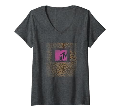 Damen MTV Music Television Leopard Print Block Logo T-Shirt mit V-Ausschnitt von MTV