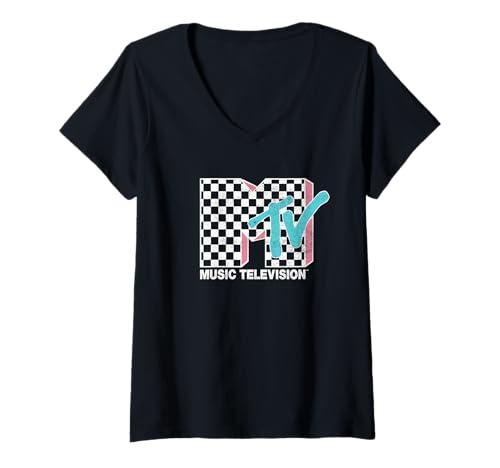 Damen MTV Neon Distressed Checkered Logo T-Shirt mit V-Ausschnitt von MTV