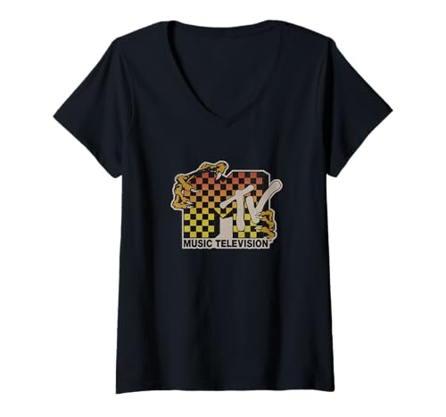 Damen MTV Ombre Checkered Monster Logo T-Shirt mit V-Ausschnitt von MTV