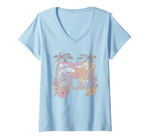 Damen MTV Pastel Beach with Palms and Hibiscus Flowers Retro T-Shirt mit V-Ausschnitt von MTV