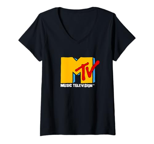 Damen MTV Retro Eighties Neon Primary Color Pop Art Logo T-Shirt mit V-Ausschnitt von MTV