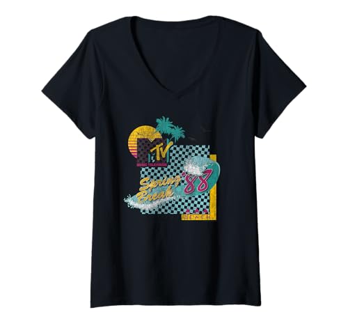 Damen MTV Spring Break '88 Vintage Surf-Grafik T-Shirt mit V-Ausschnitt von MTV