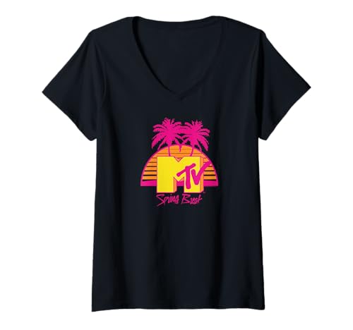 Damen MTV Spring Break Palme-Logo T-Shirt mit V-Ausschnitt von MTV