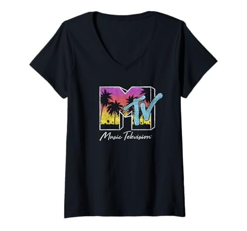 Damen MTV Tropical Palm Tree Sunset Logo T-Shirt mit V-Ausschnitt von MTV