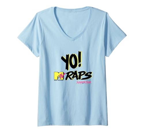 Damen MTV Yo! Raps Summer Tour Neon 90s Retro Hip Hop T-Shirt mit V-Ausschnitt von MTV