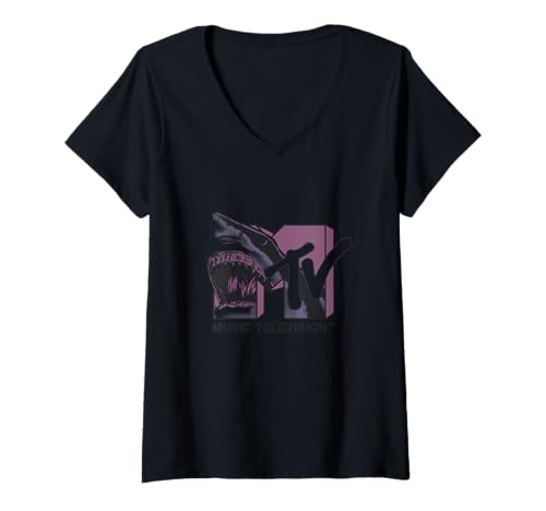 Damen Mtv Logo-Füllung in Haiform in Blau und Rosa T-Shirt mit V-Ausschnitt von MTV