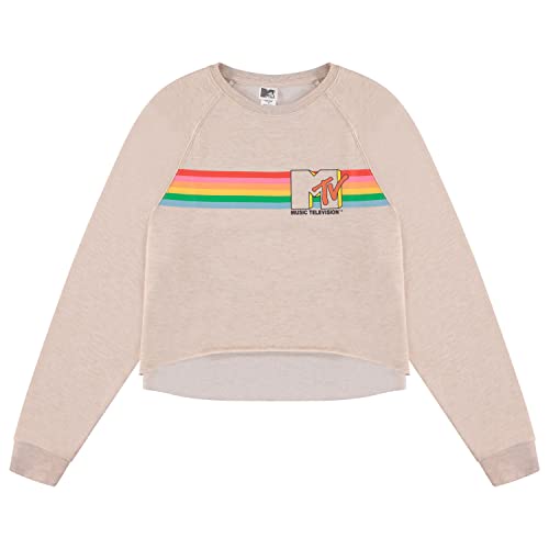 MTV Damen Langarm Raglan Sweatshirt - Nostalgische 90er 'I Want My Print - Casual Raw Edge Fleece Pullover, Beige, S von MTV