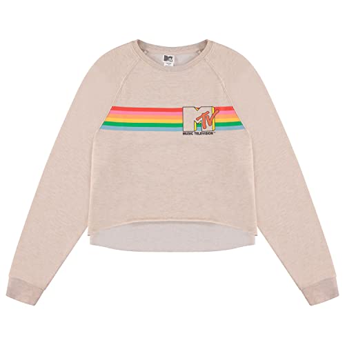 MTV Damen Langarm Raglan Sweatshirt - Nostalgische 90er 'I Want My Print - Casual Raw Edge Fleece Pullover, Beige, L von MTV