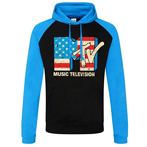 MTV Offizielles Lizenzprodukt Distressed USA-Flag Baseball Kapuzenpullover (Schwarz - Blau), L von MTV