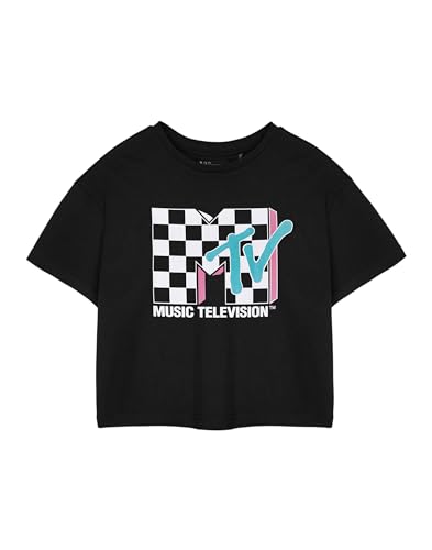 MTV Schachbrett Logo Damen Schwarz Cropped T-Shirt | Kurzarm Grafik T-Shirt | Retro Logo Top | Musikfernsehen Bekleidung | Schwarzes T-Shirt im Vintage-Stil für Frauen von MTV