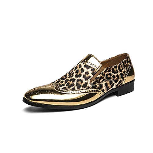 MTnoble Herren Casual Patent Leder Loafer Leopard Print Samt Patchwork Brogue Wingtips Runde Toe Club Schuhe Block Heel Elastic (Color : Gold, Size : 41 EU) von MTnoble
