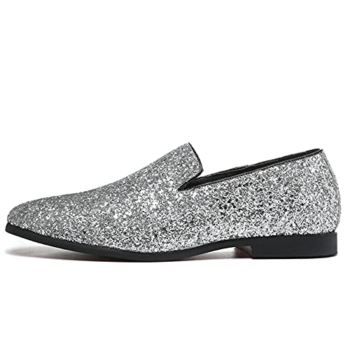 MTnoble Loafers Männliche Glitzer Müßiggänger Vegan Leder Slip auf Schuhe Point Tehe Tuxedo Kleid Loafer Block Ferse Flexible Rauchschuhe (Color : Silver, Size : 46 EU) von MTnoble