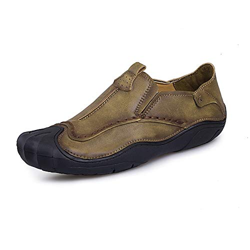 MTnoble Männer Freizeit Loafer Slip On Pu. MOC-Zehen-Leder-MOC-Zieh-Tap Rauchen Stretch-Schuhe Vollfarbblock-Ferse (Color : Khaki, Size : 43 EU) von MTnoble