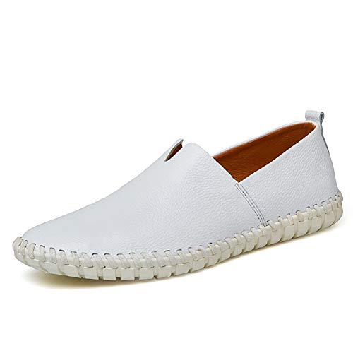 MTnoble Müßiggänger for Männer Freizeitschuhe Slip-on Flat Nähen Anti-Rutsch Echtes Leder, der atmungsaktive runde Zehe handgefertigt (Color : White, Size : 42 EU) von MTnoble