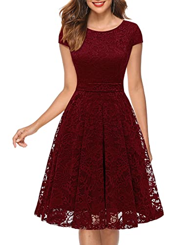 MuaDress 6008 Cocktailkleid Knielang Cape Ärmel Spitzen Brautjungfernkleid Floral Elegant Burgundy XL von MuaDress