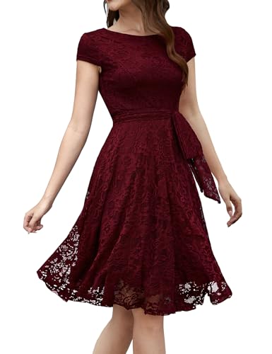 MuaDress 6008 Cocktailkleid Knielang Cape Ärmel Spitzen Brautjungfernkleid Floral Elegant Burgundy XXL von MuaDress