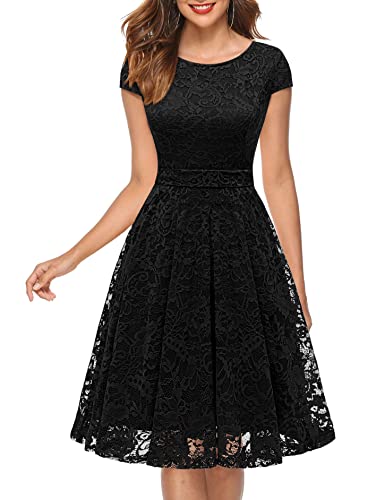 MuaDress 6008 Cocktailkleid Knielang Cape Ärmel Spitzen Brautjungfernkleid Floral Elegant Schwarz XS von MuaDress