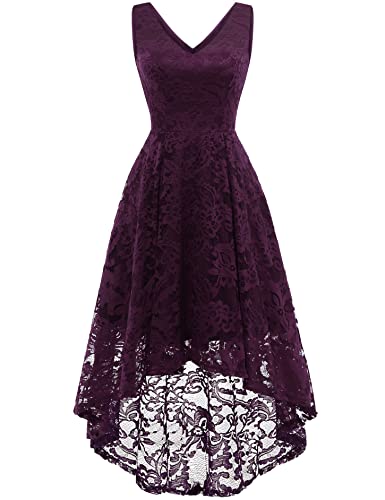 MuaDress 6666 Damen Cocktailkleid Spitzenkleid Brautjungferkleid V-Ausschnitt Festliche Abendkleider Elegant Vokuhila Hochzeit Ohne Arm Kleid Grape XL von MuaDress