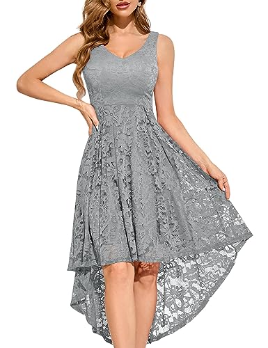 MuaDress 6666 Damen Cocktailkleid Spitzenkleid Brautjungferkleid V-Ausschnitt Festliche Abendkleider Elegant Vokuhila Hochzeit Ohne Arm Kleid Grau L von MuaDress