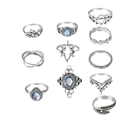 MUCKLILY 11 Stück Teiliges Retro alloy fingerringe Damen Kreative Geschnitzte Schmuckringe mit Funkelnden Sternen Blattmotiven Modische Langlebige Accessoires für Alltag Party Hochzeit von MUCKLILY