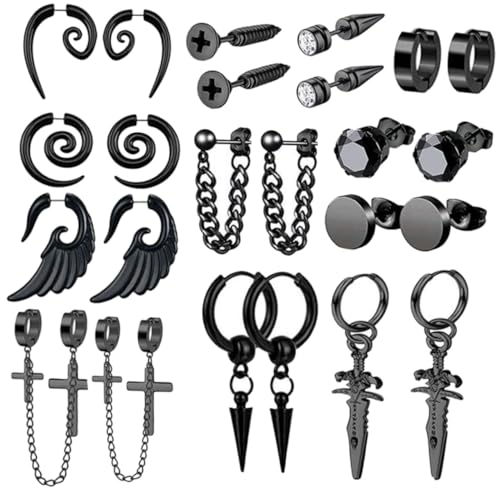 MUCKLILY 12 Paare Schwarzes Edelstahl Ohrring Set Herren Kleine Creolen und Hängende Ohrstecker Punk Hip Hop Stil Vielseitige Modeschmuck für Alltag und Party von MUCKLILY