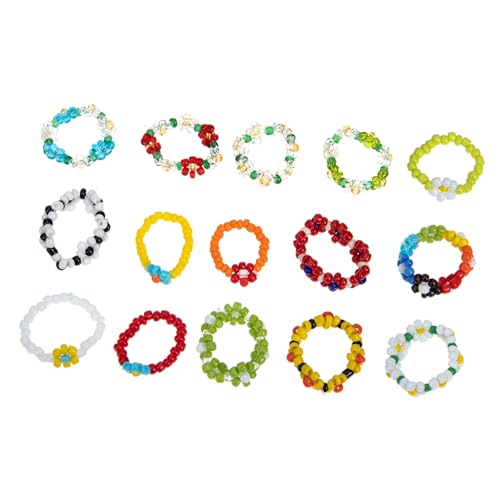 MUCKLILY 15 Stück Teiliges Elastischer Damenringe mit Bunten Blüten Ästhetischer Schmuck für Frauen und Mädchen Langlebige Finger Ringe Modisch für Partys Hochzeiten und Alltag Geeignet von MUCKLILY