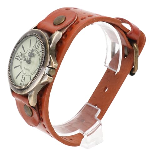 MUCKLILY 1Stück Damen Retro Armbanduhr Echtem Rindsleder Stilvolle Quarzuhr mit Römischen Ziffern Lässige Armbanduhr für Frauen Orange Modisches Design von MUCKLILY
