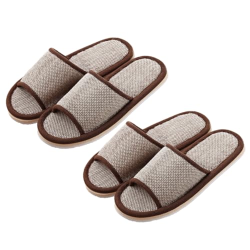 MUCKLILY 2 Paare Leichte EVA Hausschuhe mit Rutschfester Sohle Baumwolle-leinen Mischung Atmungsaktiv Offen für Damen und Herren für Hotel Bad und Zuhause im Sommer Tiefbraun von MUCKLILY