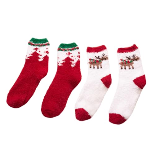 MUCKLILY 2 Paare Weihnachts-socken aus Dickem Korallenfleece Bunte Muster Warme Indoor-wintersocken für Damen Angenehm Elastisch für Festliche Anlässe und Zuhause von MUCKLILY