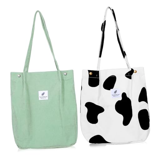 MUCKLILY 2 Stück Große Corduroy Schultertaschen Damen und Mädchen Modische Geräumige Umhängetaschen für Alltag Einkaufen Schule Strand und Freizeit Robust Genäht und Leicht zu Reinigen von MUCKLILY