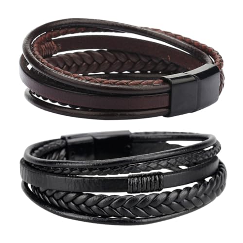 MUCKLILY 2 Stück Handgefertigtes Herren Lederarmband mit Geflochtenem Ethno design Magnetischer Verschluss Modisches Armband für Alltag Party Strand Geschenkidee für Männer von MUCKLILY