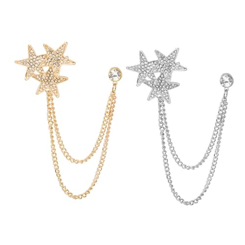 MUCKLILY 2 Stück Modische Stern broschen mit Kette Funkelnde Anstecknadeln für Damen Stilvolle Kragen Jackenschmuck Gold Silberfarben Leichte Kleidungsschmuckstücke von MUCKLILY