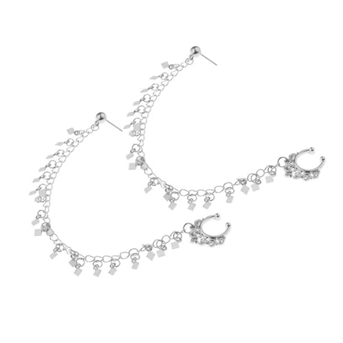 MUCKLILY 2 Stück Punk Ohr zu Nase Kette mit Rhombus Tassel Ohrstecker und Nasenclip Silber Einzigartiges Design Leichte Clip Piercing Ohrringe für Party und Alltag von MUCKLILY