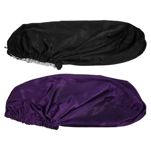 MUCKLILY 2 Stück Satin Schlafhauben für Damen Elastische Doppellagige Haarschutzmützen in Violett und Schwarz Schonende Pflege und Feuchtigkeitserhalt für Nacht und Zuhause von MUCKLILY