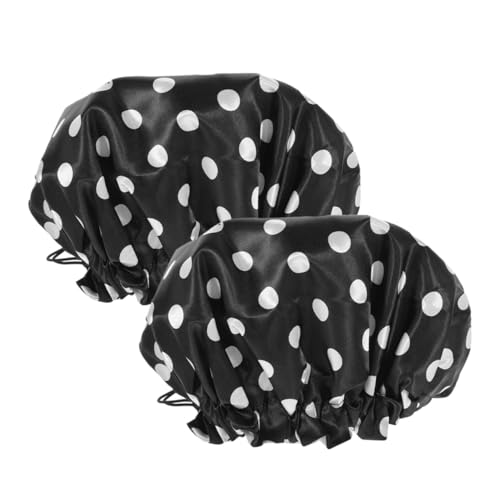 MUCKLILY 2 Stück Wasserdichte Verstellbare Duschhaube aus Satinähnlichem Material Extra für Damen und Herren Teiliges für Duschen Spa und Haarkur Schwarze Punktoptik von MUCKLILY