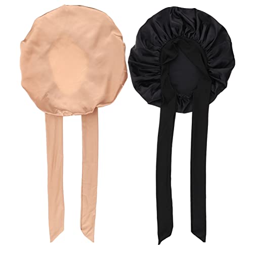 MUCKLILY 2stücke Satin Schlafmütze Für Damen Elastische Haarpflegehaube Verstellbare Turban-haube Für Lockiges Haar in Schwarz Und Gold Für Zuhause Und Unterwegs von MUCKLILY