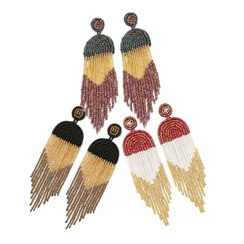 MUCKLILY 3 Paare Boho Perlen Quasten Ohrringe Ethnische Baumelnde Ohrhänger Damen Leicht Schmuck Rot Grün Schwarz von MUCKLILY