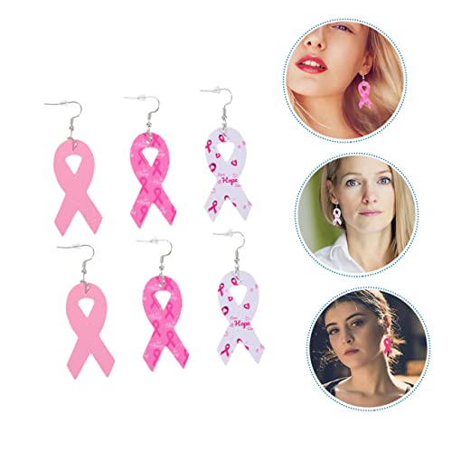 MUCKLILY 3 Paare Damen Tropfenohrringe aus PU Material Brustkrebs Awareness Schmuck Modische Schleifenohrringe Geschenk für Frauen Farblich Gemischtes Leicht und Elegant von MUCKLILY