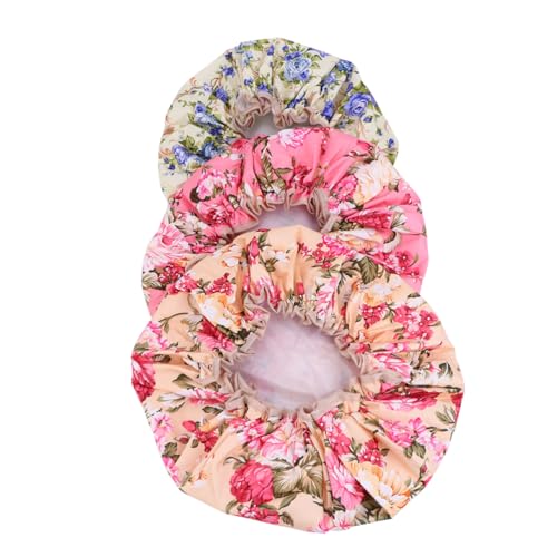 MUCKLILY 3 Stück Doppellagige Wasserdichte Badekappe mit Elastischem Saum Peva bademütze mit Kreativem Blumenmuster Wiederverwendbare Duschhaube für Damen und Mädchen Rosa Apricot von MUCKLILY