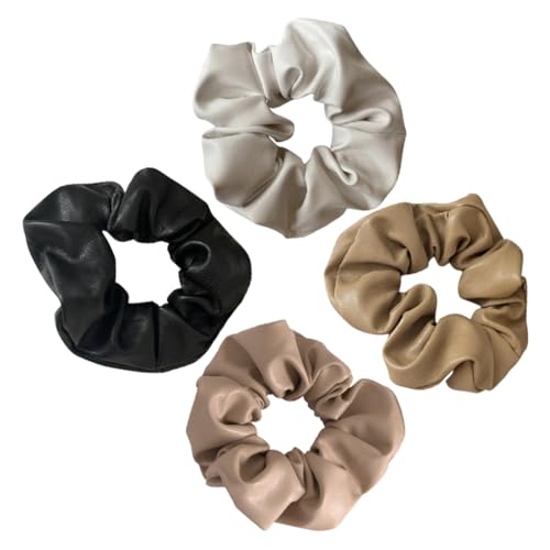 MUCKLILY 4 Stück PU Leder Haargummis für Damen und Mädchen Elastische Pferdeschwanzhalter in Khaki und Dunkelbraun Weiche Haarschleifen für Alltag Sport und Festliche Anlässe von MUCKLILY